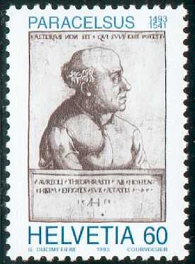 Swiss stamp 1993: Paracelsus von Hohenheim: engraving by Augustin Hirschvogel (1538)] 