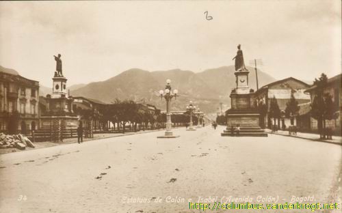 Bogota, Columbus and Isabella statues on the Avenida Colon, early 20th century