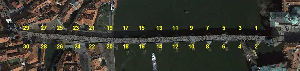 Locations of the 30 sculptures on the Charles bridge, Google Earth