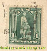 Stamp with Columbus Monument on verso of the postcard